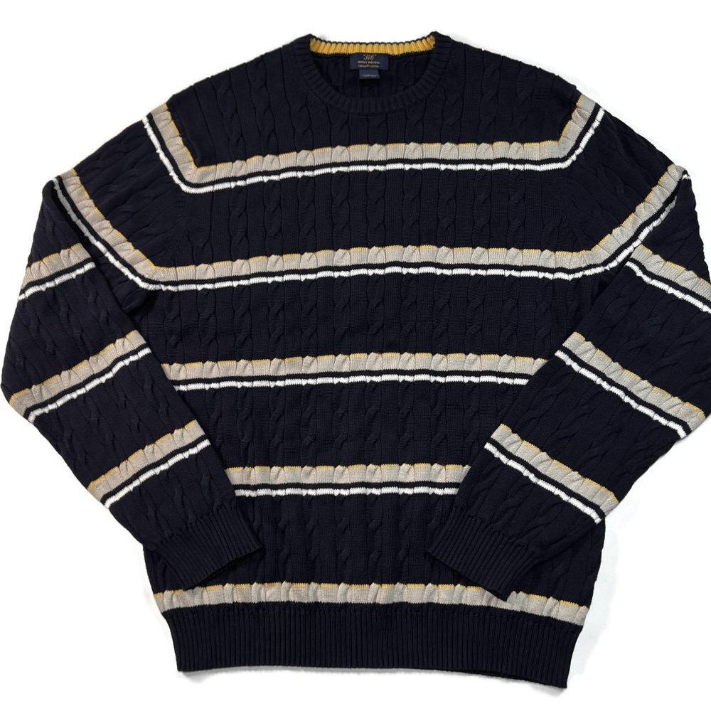 Brooks Brothers Cable Knit Sweater Mens XL Blue Striped Cotton Crewneck Pullover